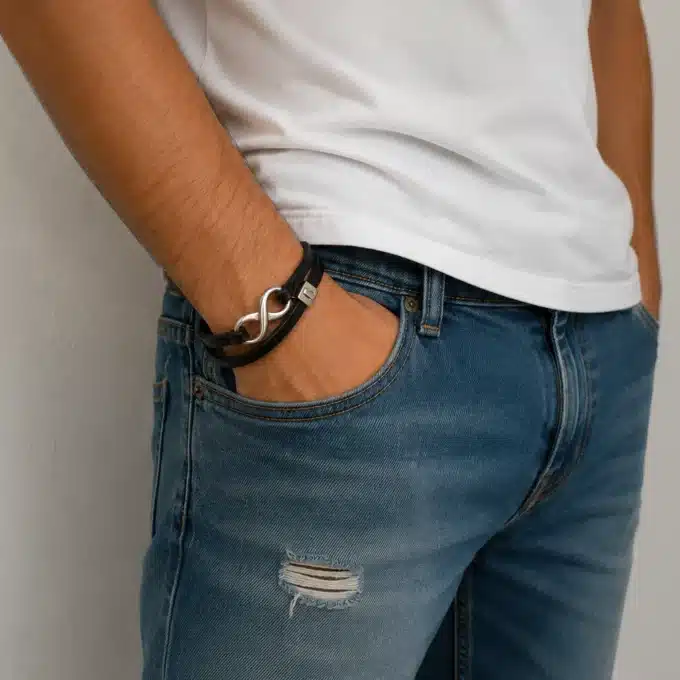 N3912y Bracelet signe infini personnalisé Acier inoxydable et cuir -Bijoux bracelets hommes en ligne Ninanina