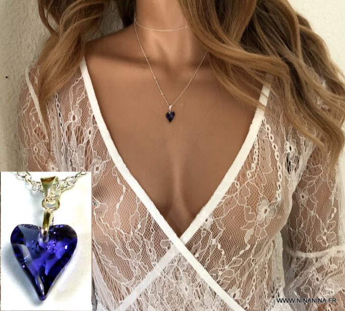 N3913c Sautoir femme Swarovski pendentif coeur et argent 925 - Bijoux Colliers en ligne Ninanina