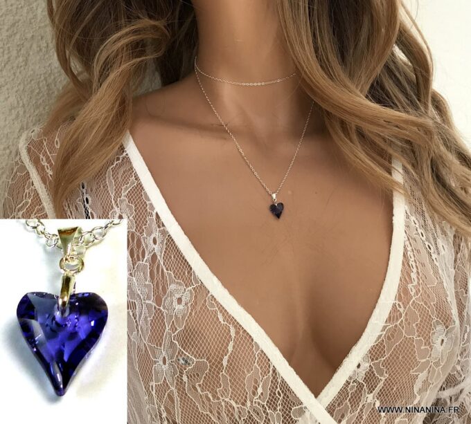 N3913d Sautoir femme Swarovski pendentif coeur et argent 925 - Bijoux Colliers en ligne Ninanina