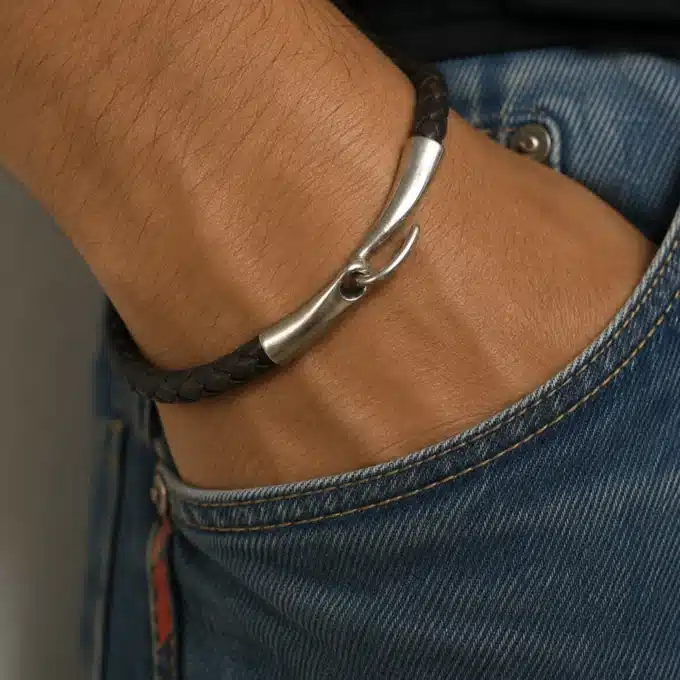 N3920 Bracelet homme cuir tressé crochet métal argenté - Bijoux bracelets hommes en ligne Ninanina