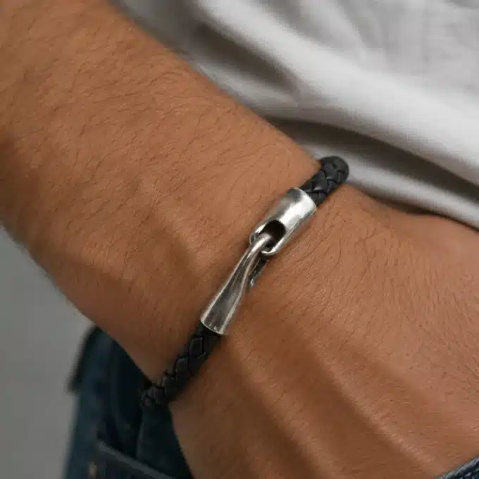 N3920a Bracelet homme cuir tressé crochet métal argenté - Bijoux bracelets hommes en ligne Ninanina