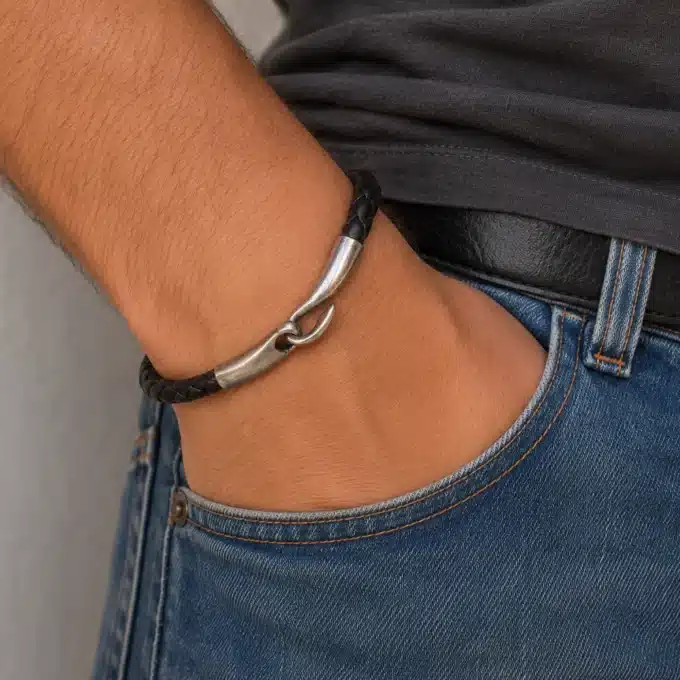 N3920b Bracelet homme cuir tressé crochet métal argenté - Bijoux bracelets hommes en ligne Ninanina
