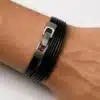 N3925 Bracelet plusieurs tours cordon cuir fermoir métal argenté - Bijoux bracelets hommes en ligne Ninanina