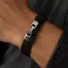 N3925a Bracelet plusieurs tours cordon cuir fermoir métal argenté - Bijoux bracelets hommes en ligne Ninanina
