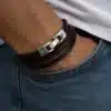 N3925b Bracelet plusieurs tours cordon cuir fermoir métal argenté - Bijoux bracelets hommes en ligne Ninanina