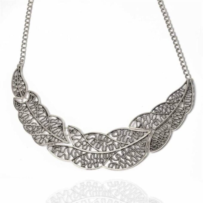 N3930 Collier Plastron Ethnique Femme Feuille Métal Argent - Bijoux Colliers Plastrons en ligne Ninanina