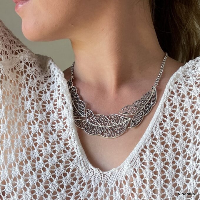 N3930f Collier Plastron Ethnique Femme Feuille Métal Argent - Bijoux Colliers Plastrons en ligne Ninanina
