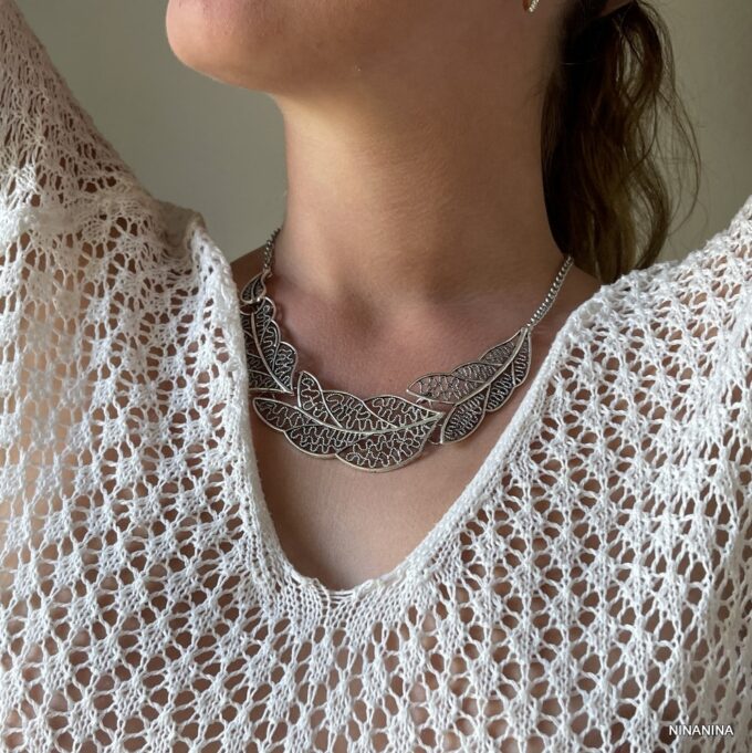 N3930j Collier Plastron Ethnique Femme Feuille Métal Argent - Bijoux Colliers Plastrons en ligne Ninanina