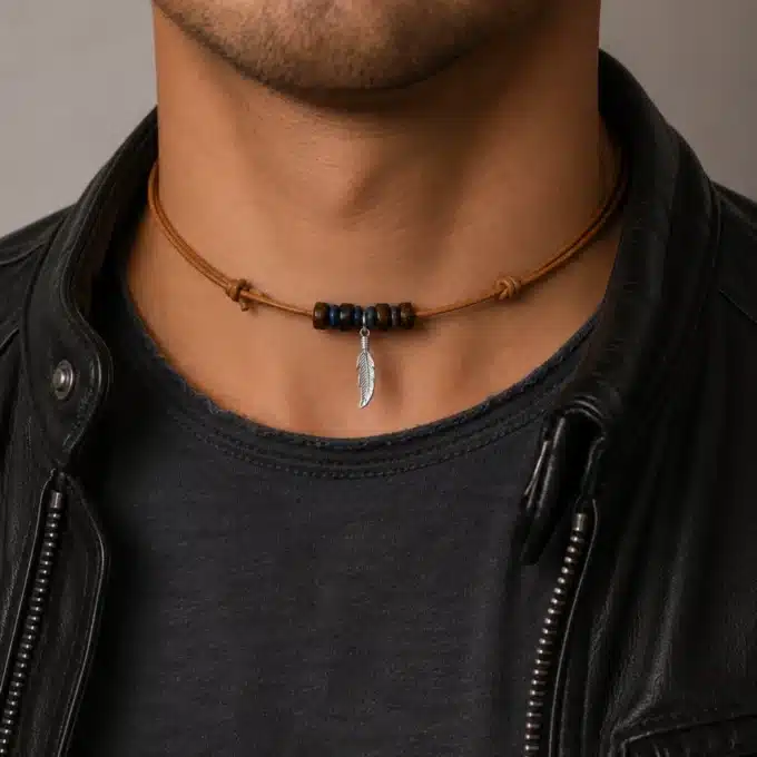 N3932 Collier homme plume Argent 925 massif cordon cuir - Bijoux colliers hommes en ligne Ninanina