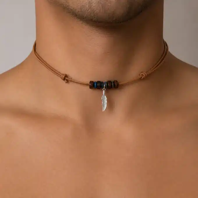 N3932a Collier homme plume Argent 925 massif cordon cuir - Bijoux colliers hommes en ligne Ninanina