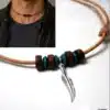 N3932b Collier homme plume Argent 925 massif cordon cuir - Bijoux colliers hommes en ligne Ninanina