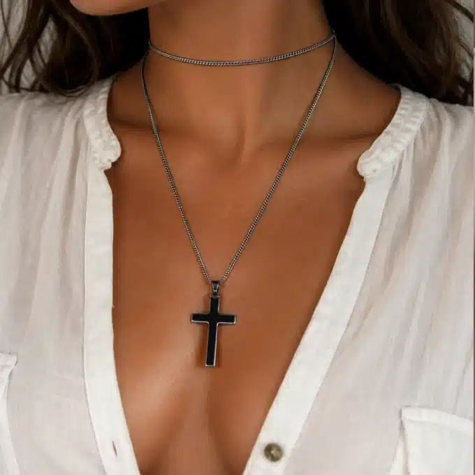 N3934 Collier long - Sautoir femme pendentif croix Acier inoxydable - Bijoux colliers femmes en ligne Ninanina