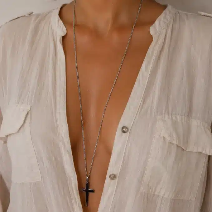 N3934b Collier long - Sautoir femme pendentif croix Acier inoxydable - Bijoux colliers femmes en ligne Ninanina