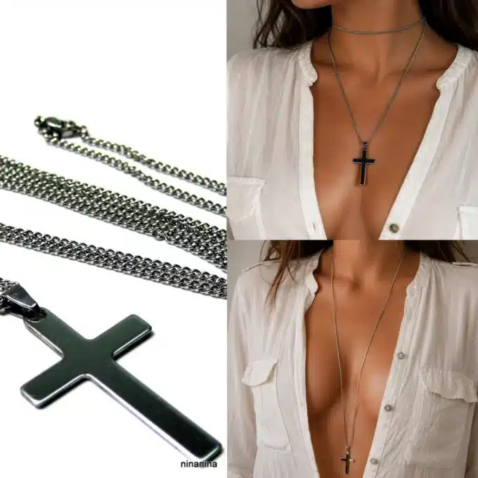N3934c Collier long - Sautoir femme pendentif croix Acier inoxydable - Bijoux colliers femmes en ligne Ninanina