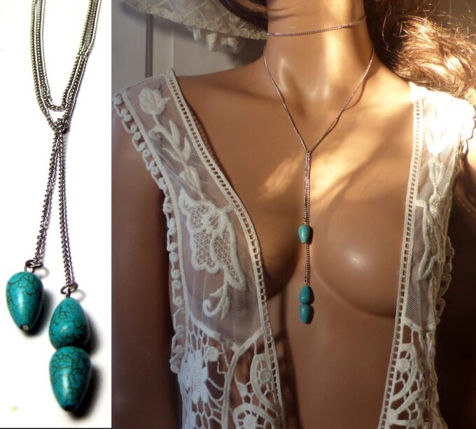 N3941 Sautoir Acier inoxydable pendentif howlite turquoise - Bijoux Colliers en ligne Ninanina