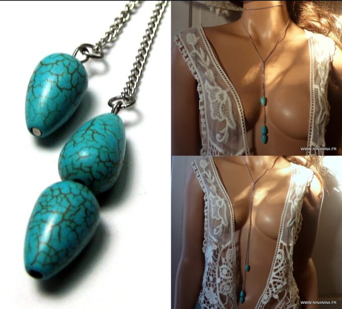 N3941a Sautoir Acier inoxydable pendentif howlite turquoise - Bijoux Colliers en ligne Ninanina