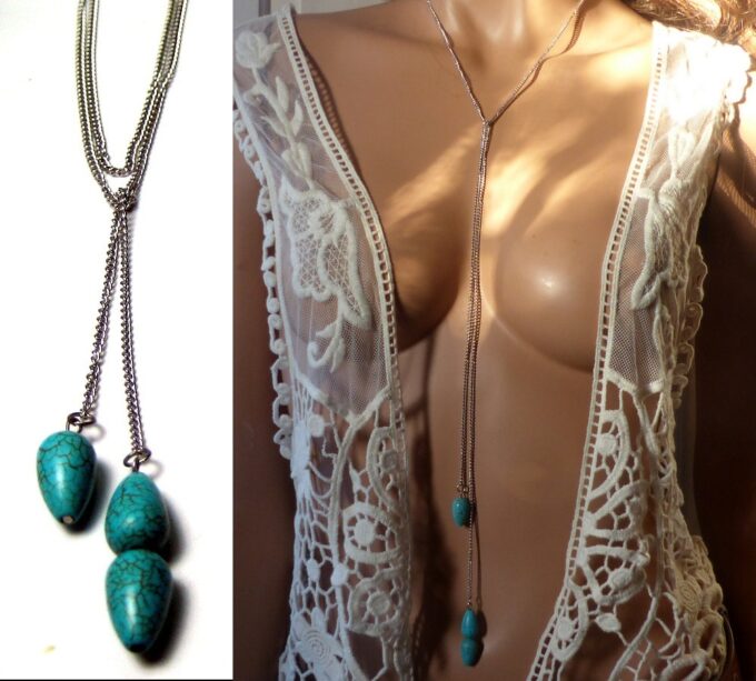 N3941d Sautoir Acier inoxydable pendentif howlite turquoise - Bijoux Colliers en ligne Ninanina