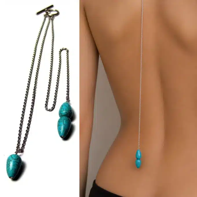 N3942b Collier de dos pendentif howlite turquoise et Acier inoxydable - Bijoux de corps femmes en ligne Ninanina