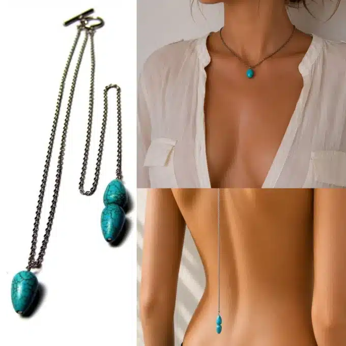 N3942d Collier de dos pendentif howlite turquoise et Acier inoxydable - Bijoux de corps femmes en ligne Ninanina