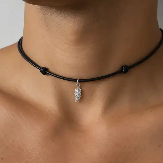 N3944a Collier homme pendentif plume Argent 925 cordon cuir réglable - Bijoux colliers en ligne Ninanina