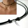 N3944b Collier homme pendentif plume Argent 925 cordon cuir réglable - Bijoux colliers en ligne Ninanina