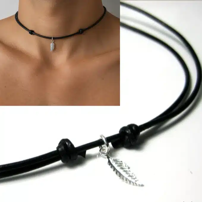 N3944b Collier homme pendentif plume Argent 925 cordon cuir réglable - Bijoux colliers en ligne Ninanina