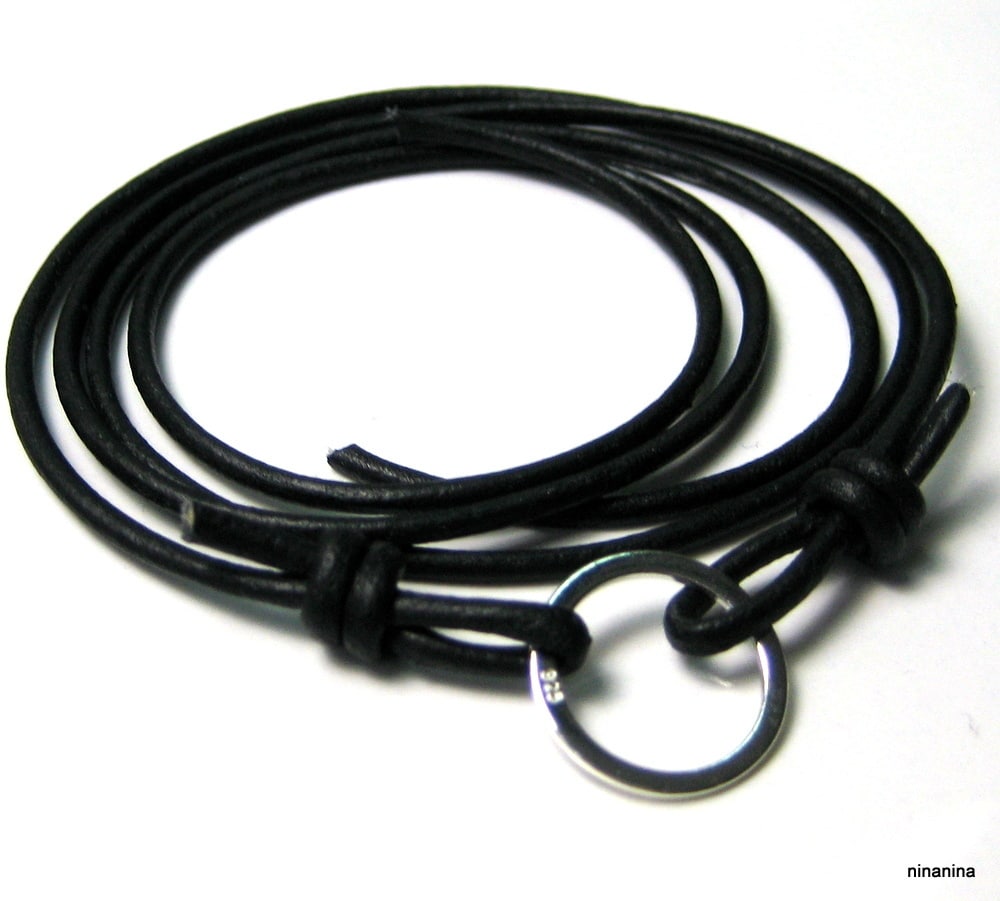Bracelet Anneau Argent 925 massif cordon cuir à enrouler autour du poignet – Image 6