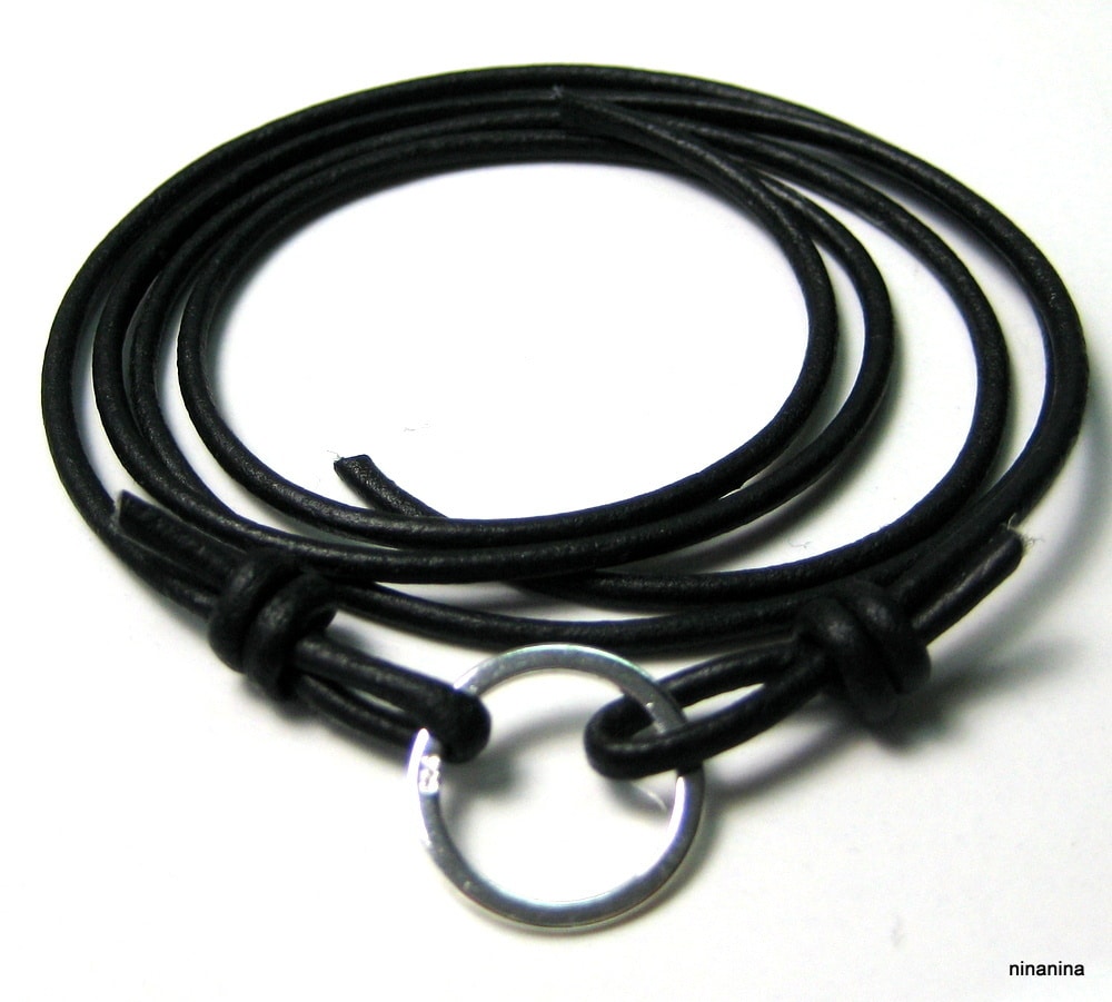 Bracelet Anneau Argent 925 massif cordon cuir à enrouler autour du poignet – Image 5