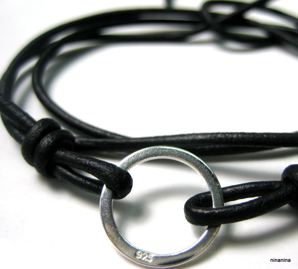 Bracelet Anneau Argent 925 massif cordon cuir à enrouler autour du poignet – Image 4