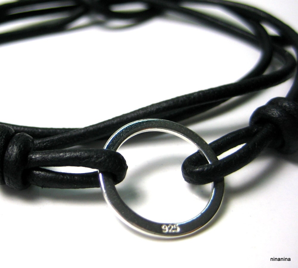 Bracelet Anneau Argent 925 massif cordon cuir à enrouler autour du poignet – Image 2