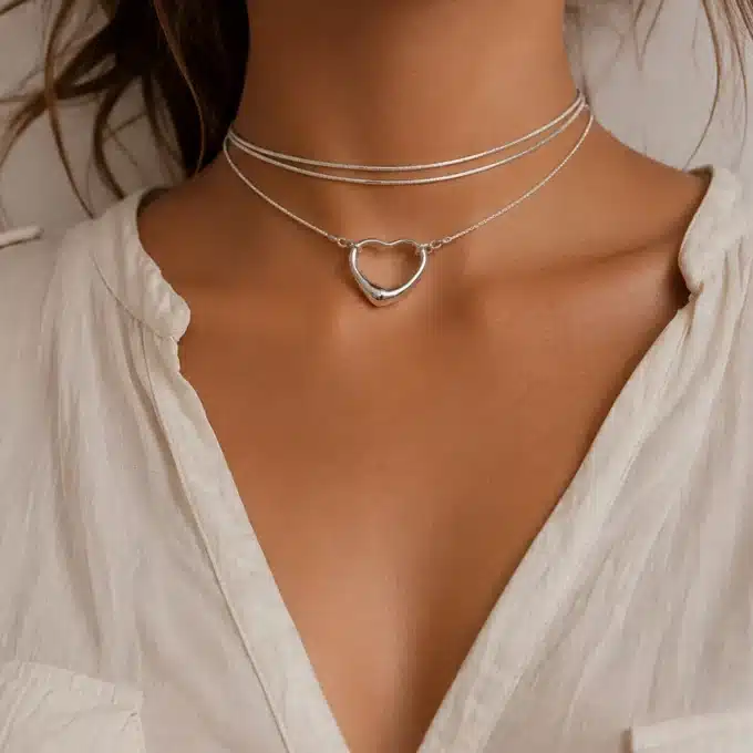 N3948a Collier pendentif coeur Chaine 3 tours femme Plaqué Argent - Bijoux colliers femmes en ligne Ninanina