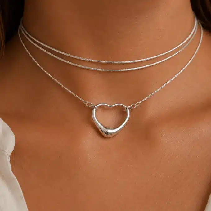 N3948b Collier pendentif coeur Chaine 3 tours femme Plaqué Argent - Bijoux colliers femmes en ligne Ninanina