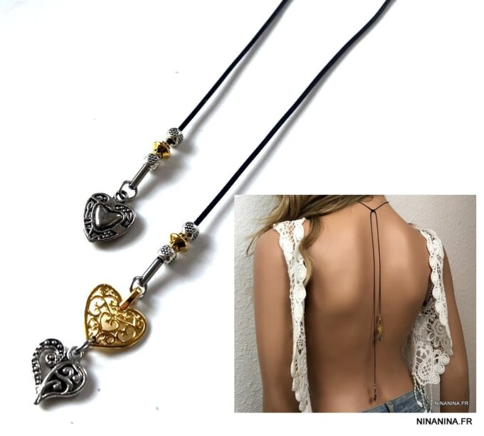 N3951b Collier de dos bohème cordon noir coeur doré argenté - Bijoux Colliers en ligne Ninanina