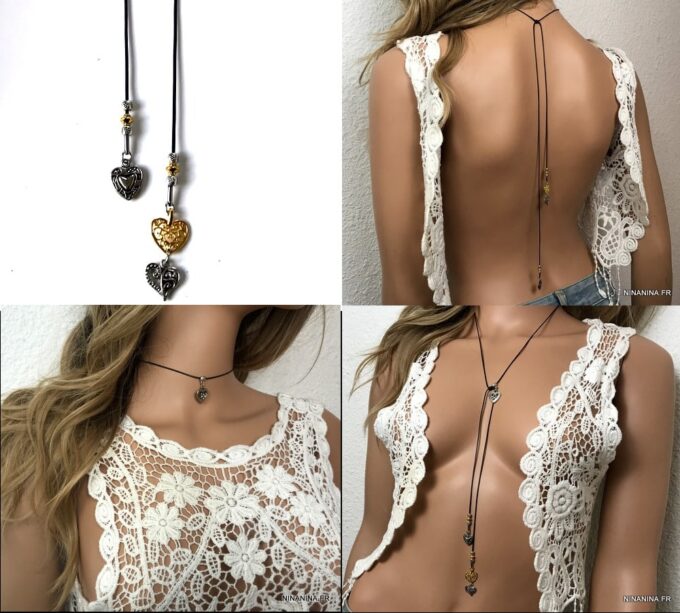 N3951f Collier de dos bohème cordon noir coeur doré argenté - Bijoux Colliers en ligne Ninanina