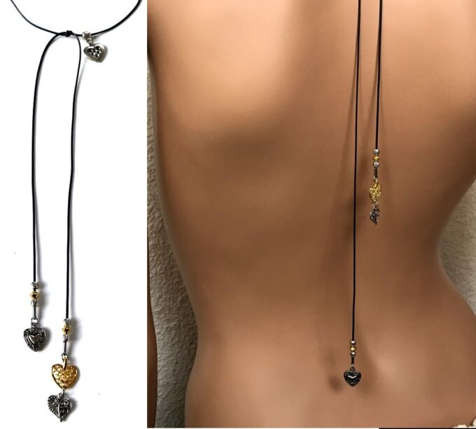 N3951g Collier de dos bohème cordon noir coeur doré argenté - Bijoux Colliers en ligne Ninanina