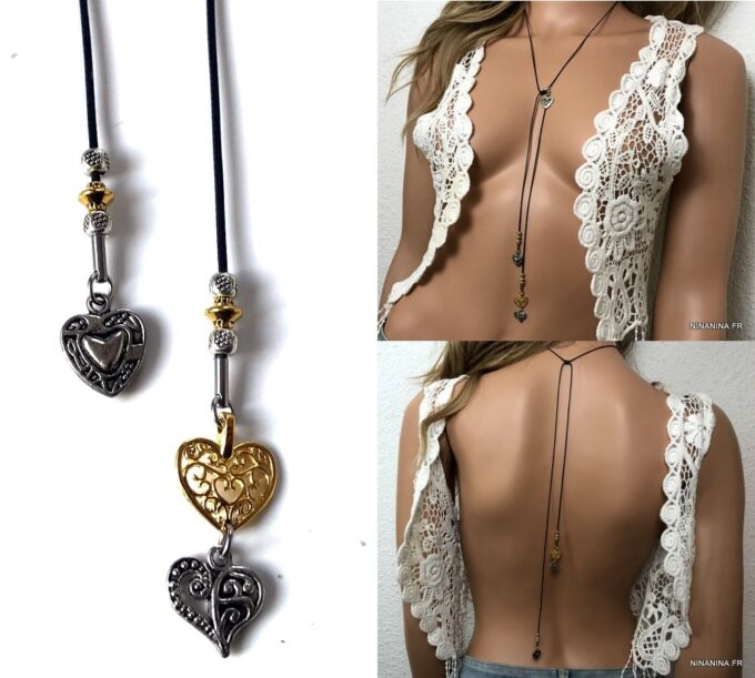 N3951j Collier de dos bohème cordon noir coeur doré argenté - Bijoux Colliers en ligne Ninanina