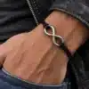 N3955 Bracelet infinité Acier inoxydable argenté cordon cuir - Bijoux bracelets hommes en ligne Ninanina