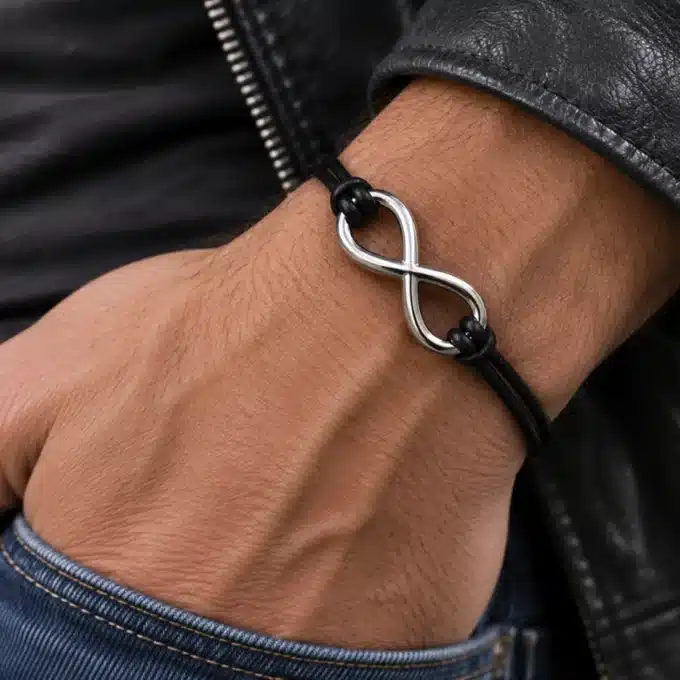 N3955 Bracelet infinité Acier inoxydable argenté cordon cuir - Bijoux bracelets hommes en ligne Ninanina