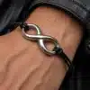 N3955a Bracelet infinité Acier inoxydable argenté cordon cuir - Bijoux bracelets hommes en ligne Ninanina