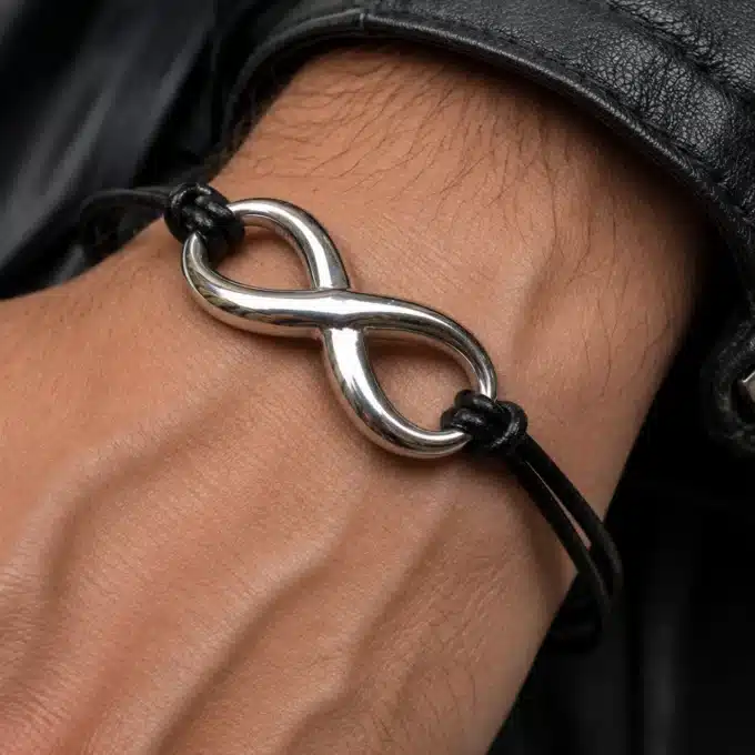 N3955a Bracelet infinité Acier inoxydable argenté cordon cuir - Bijoux bracelets hommes en ligne Ninanina