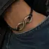 N3955b Bracelet infinité Acier inoxydable argenté cordon cuir - Bijoux bracelets hommes en ligne Ninanina