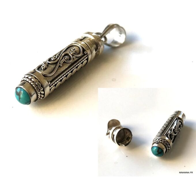N3968c Pendentif funéraire Argent 925 massif Et Turquoise bleue - Bijoux funéraires en ligne Ninanina