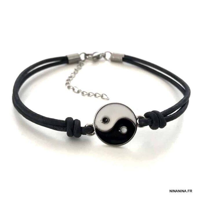 N3977 Bracelet yin yang homme et femme émaillé cordon cuir - Bijoux Bracelets en ligne Ninanina