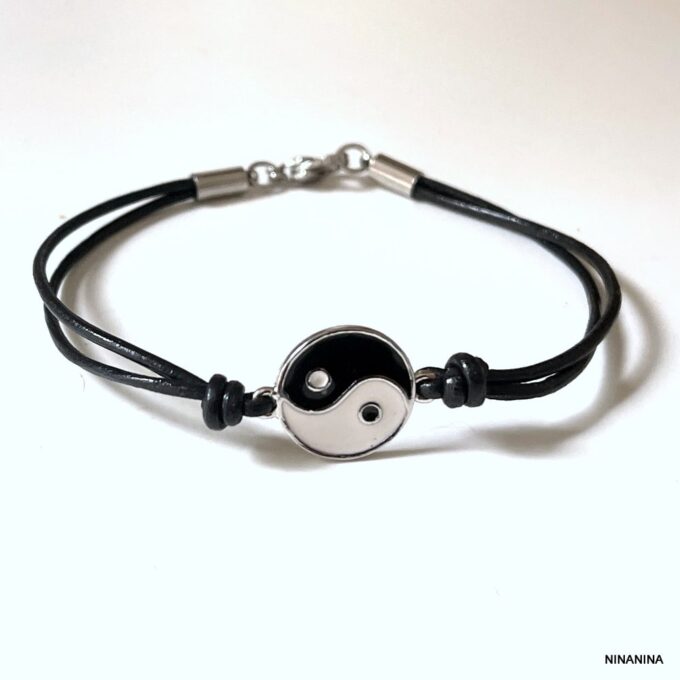 N3977 Bracelet yin yang homme et femme émaillé cordon cuir - Bijoux Bracelets Hommes en ligne Ninanina