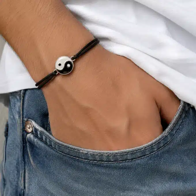 N3977 Bracelet yin yang homme et femme émaillé cordon cuir - Bijoux bracelets mixtes en ligne Ninanina