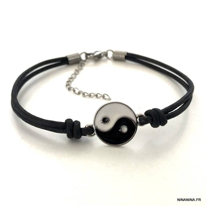 N3977a Bracelet yin yang homme et femme émaillé cordon cuir - Bijoux Bracelets en ligne Ninanina