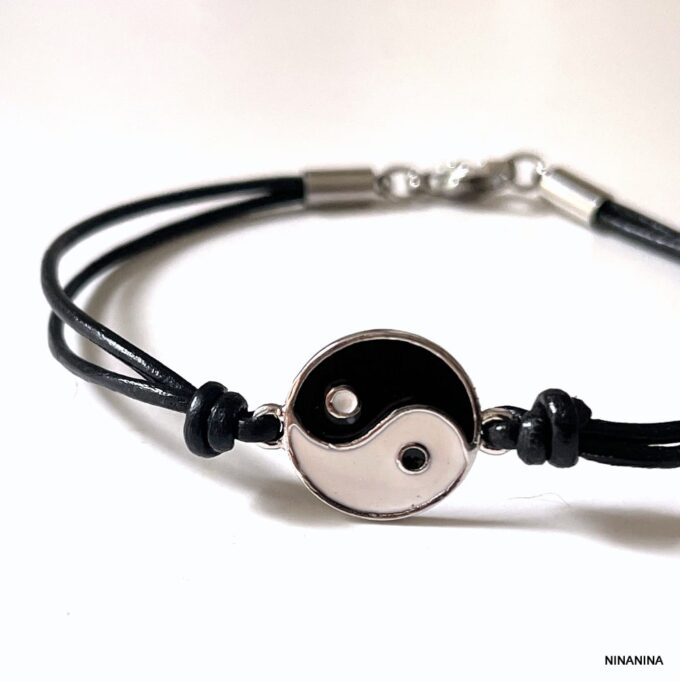 N3977a Bracelet yin yang homme et femme émaillé cordon cuir - Bijoux Bracelets Hommes en ligne Ninanina