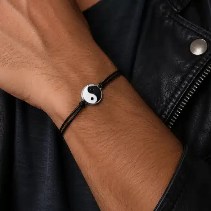 N3977a Bracelet yin yang homme et femme émaillé cordon cuir - Bijoux bracelets mixtes en ligne Ninanina