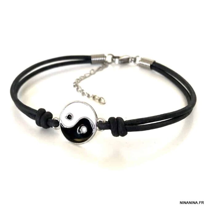 N3977b Bracelet yin yang homme et femme émaillé cordon cuir - Bijoux Bracelets en ligne Ninanina