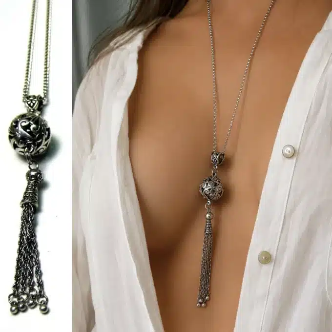 N3994 Collier long femme - Sautoir pompon argenté artisanal - Bijoux colliers femmes en ligne Ninanina